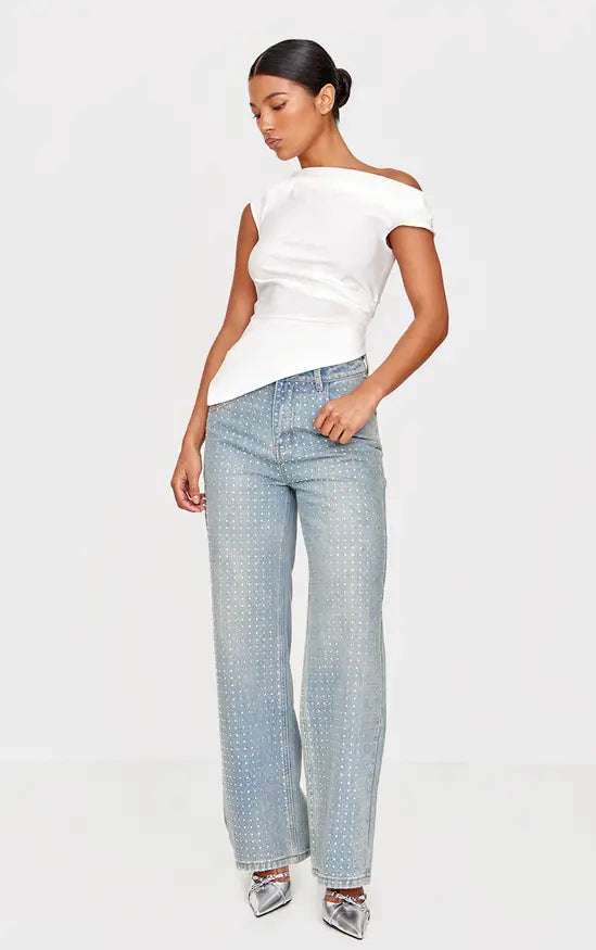 Plt - Vintage Light Wash Diamante Front Straight Leg Jeans
