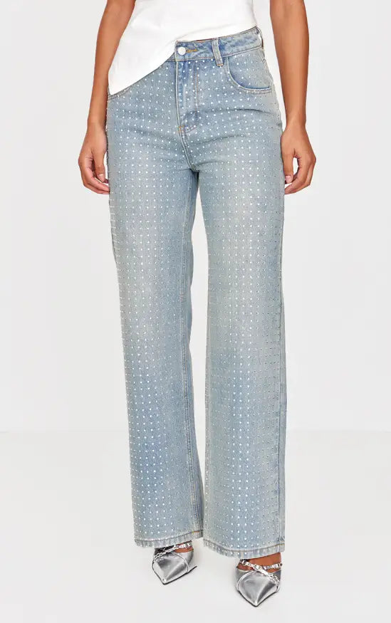 Plt - Vintage Light Wash Diamante Front Straight Leg Jeans
