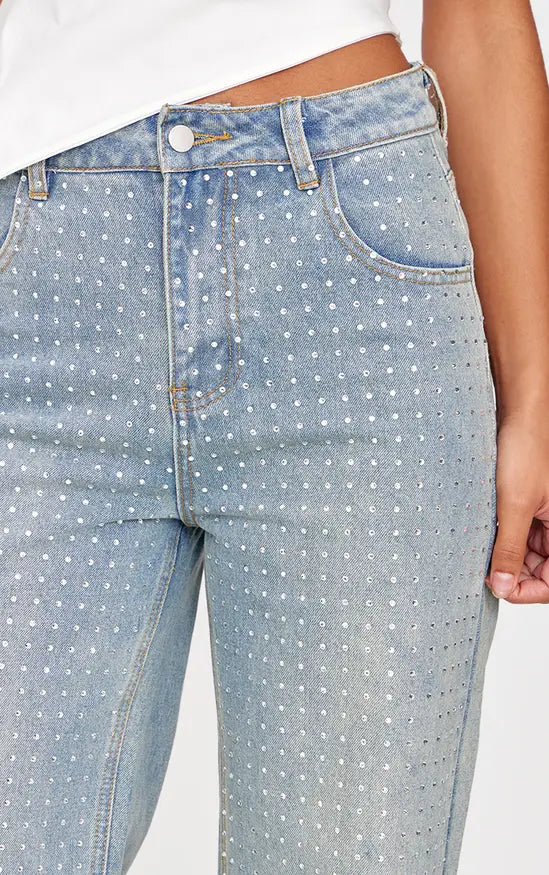 Plt - Vintage Light Wash Diamante Front Straight Leg Jeans