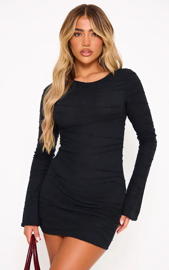 Plt - Black Textured Flared Long Sleeve Shift Dress