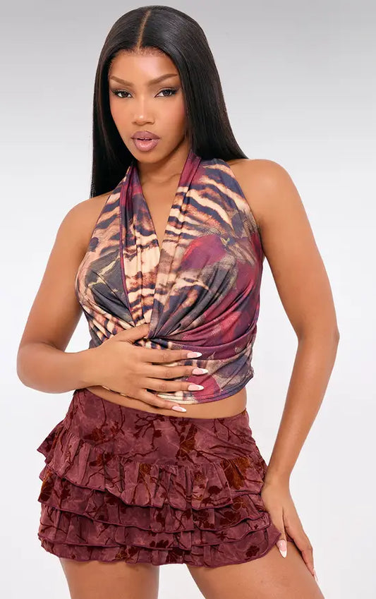 Plt - Brown Printed Cowl Neck Top