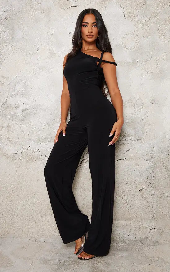 Plt - Petite Black Slinky Twist Shoulder Wide Leg Jumpsuit