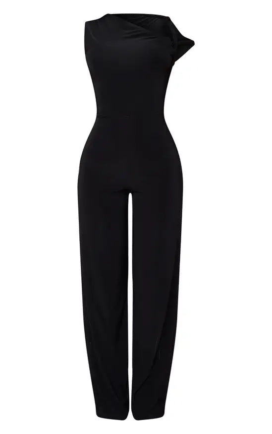 Plt - Petite Black Slinky Twist Shoulder Wide Leg Jumpsuit