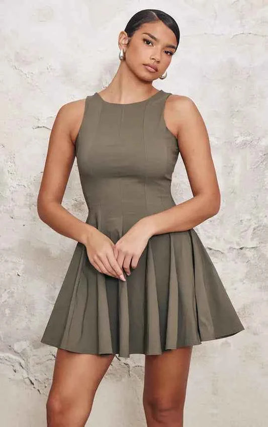 Plt - Khaki Stretch Woven Racer Pleated Shift Dress