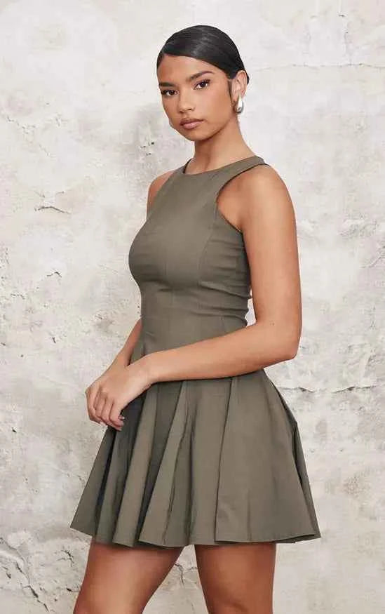 Plt - Khaki Stretch Woven Racer Pleated Shift Dress