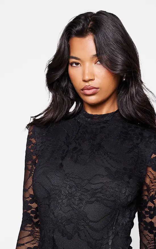 PLT  - Black Lace Lined Long Sleeve Boat Neck Playsuit