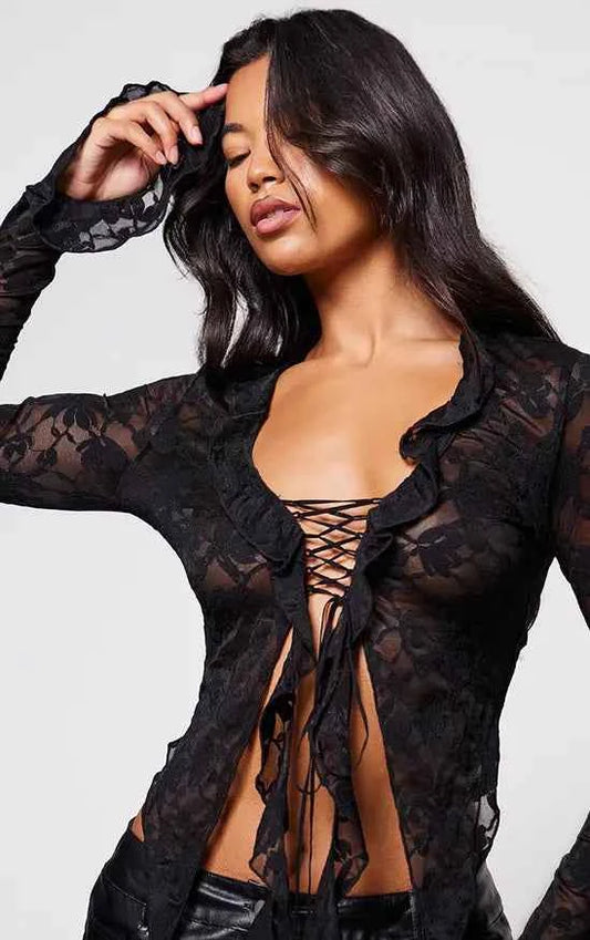 Plt - Black Lace Tie Front Ruffle Blouse