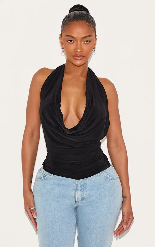 Plt - Shape Black Halter Cowl Neck Long Line Open Back Top