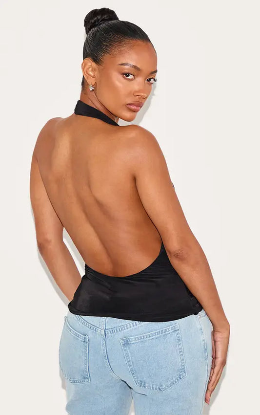 Plt - Shape Black Halter Cowl Neck Long Line Open Back Top