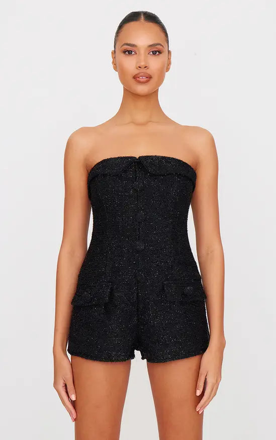 Plt - Black Tweed Bandeau Button Detail Playsuit