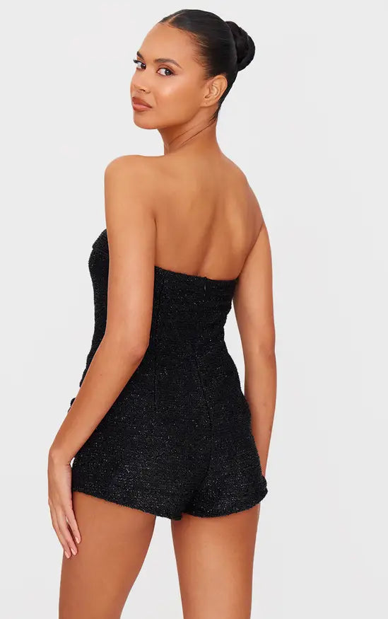 Plt - Black Tweed Bandeau Button Detail Playsuit