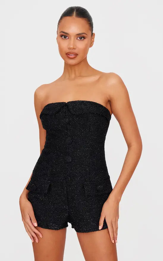Plt - Black Tweed Bandeau Button Detail Playsuit
