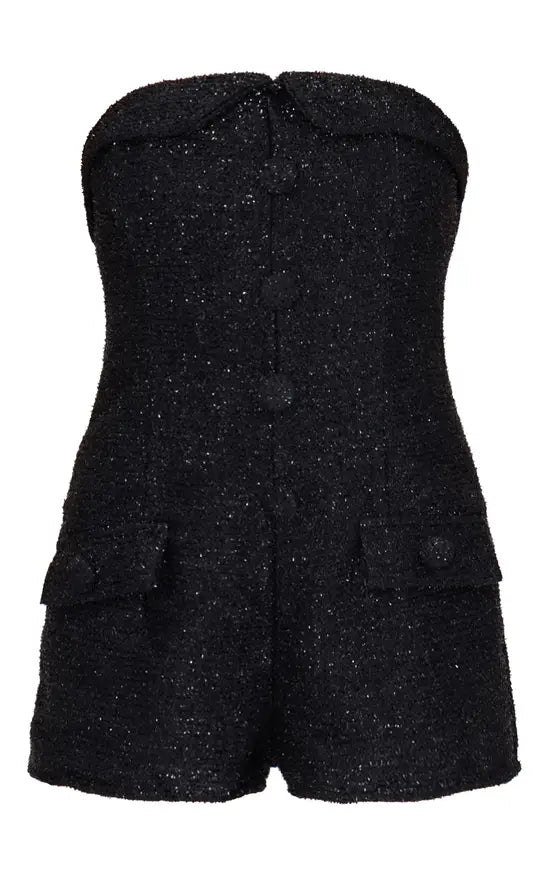 Plt - Black Tweed Bandeau Button Detail Playsuit