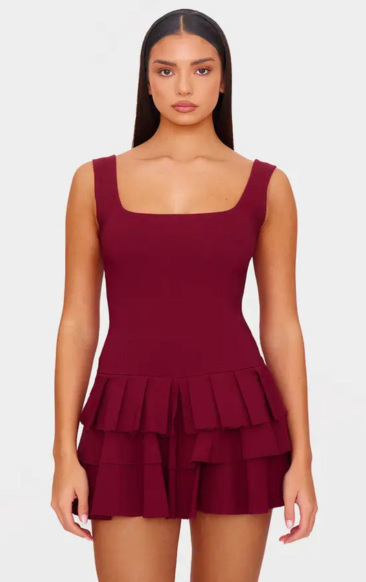 Plt - Burgundy Stretch Woven Pleated Skort Playsuit