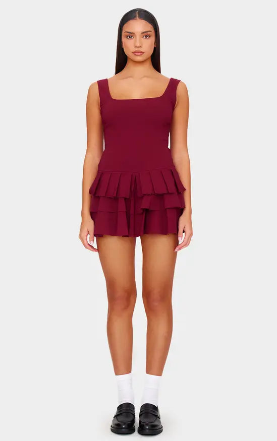 Plt - Burgundy Stretch Woven Pleated Skort Playsuit
