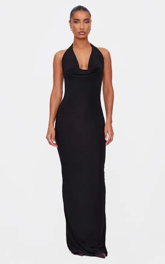 Plt - Black Soft Touch Cowl Neck Twist Back Detail Maxi Dress