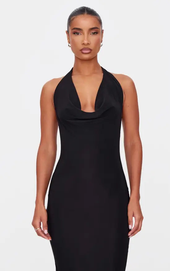 Plt - Black Soft Touch Cowl Neck Twist Back Detail Maxi Dress