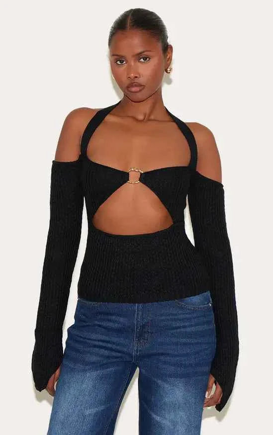 Plt - Bardot Halterneck Gold Trim Cross Stitch Knitted Top