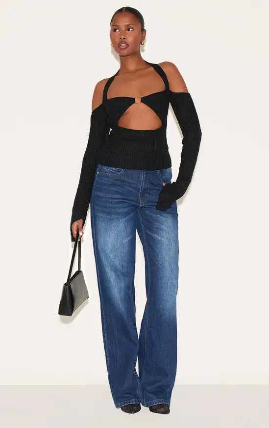 Plt - Bardot Halterneck Gold Trim Cross Stitch Knitted Top