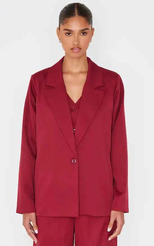 Plt - Burgundy Woven Oversized Suit Blazer Co-ord