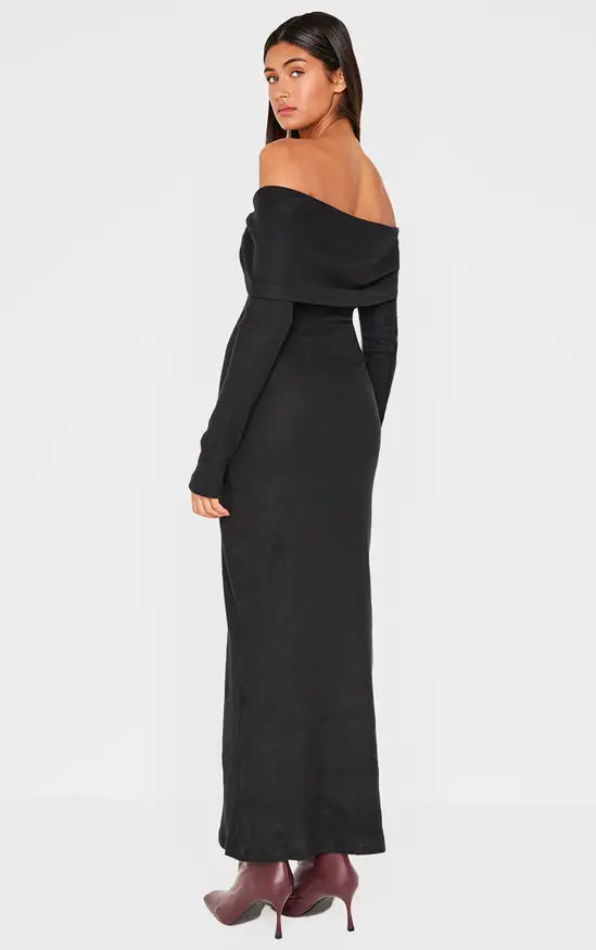 Plt - Black Heavy Brushed Rib Bardot Trim Maxi Dress
