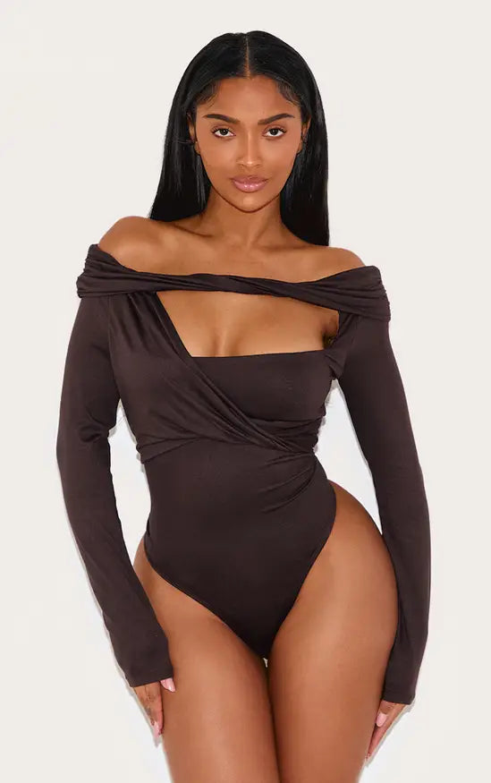 Shape Chocolate Super Soft Bardot Twist Cut Out Bodysuit Co-ord