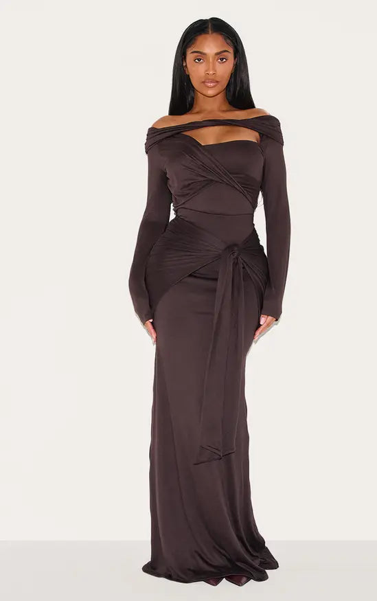 Shape Chocolate Super Soft Bardot Twist Cut Out Bodysuit Co-ord