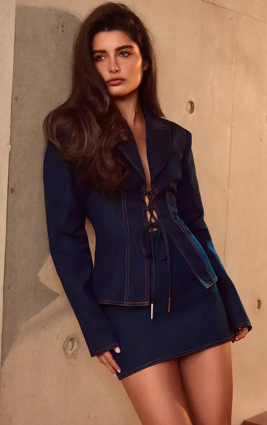PLT Label Blue Tailored Lace Up Corset Blazer Co-ord