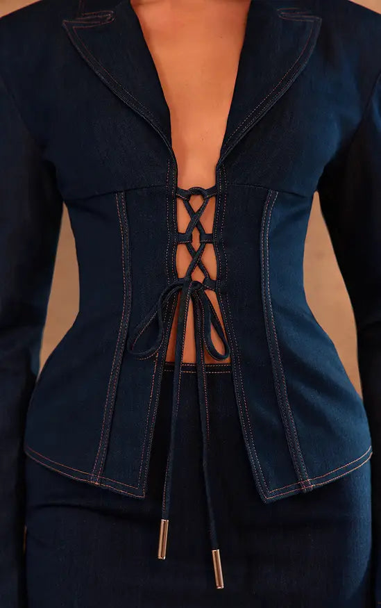 PLT Label Blue Tailored Lace Up Corset Blazer Co-ord