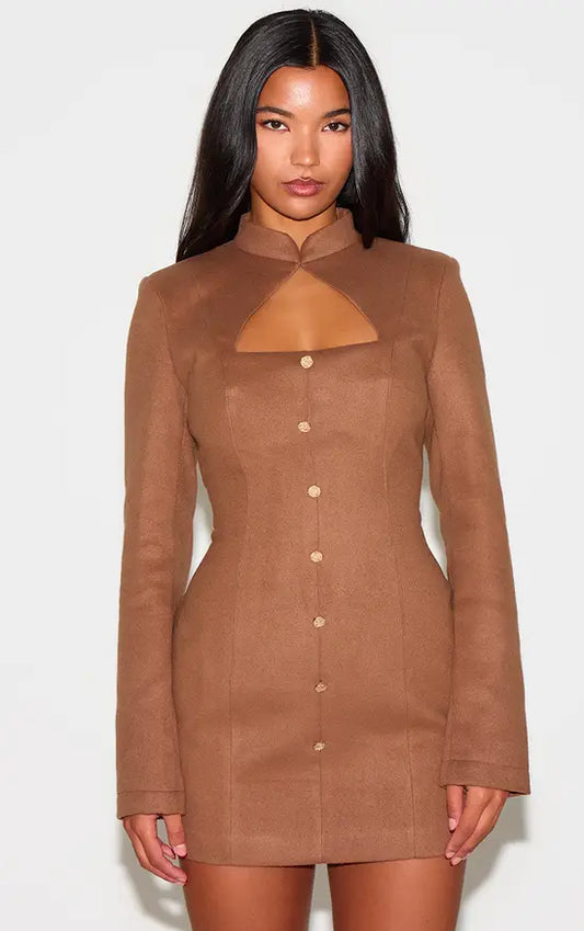 Plt - Deep Taupe Brushed Woven Long Sleeve Button Detail Mini Dress