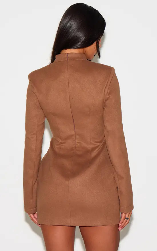 Plt - Deep Taupe Brushed Woven Long Sleeve Button Detail Mini Dress