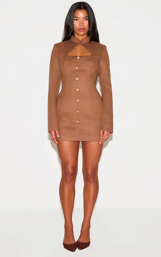 Plt - Deep Taupe Brushed Woven Long Sleeve Button Detail Mini Dress