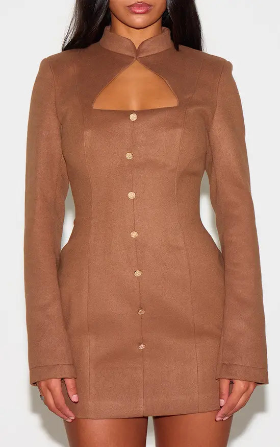 Plt - Deep Taupe Brushed Woven Long Sleeve Button Detail Mini Dress