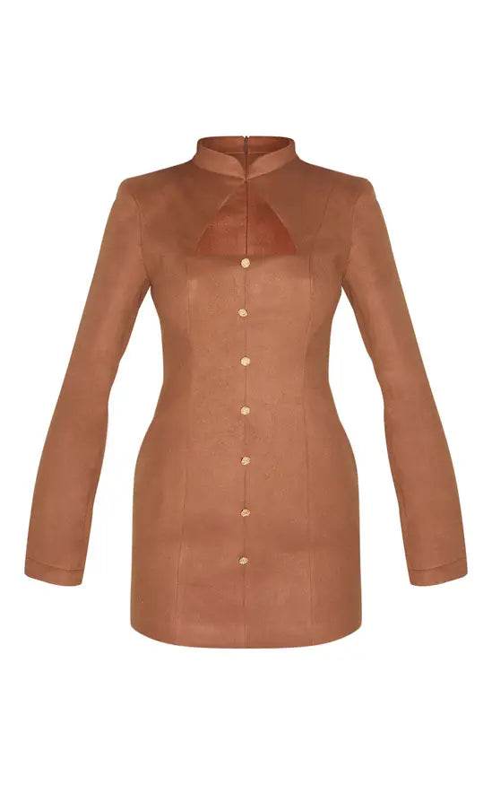 Plt - Deep Taupe Brushed Woven Long Sleeve Button Detail Mini Dress