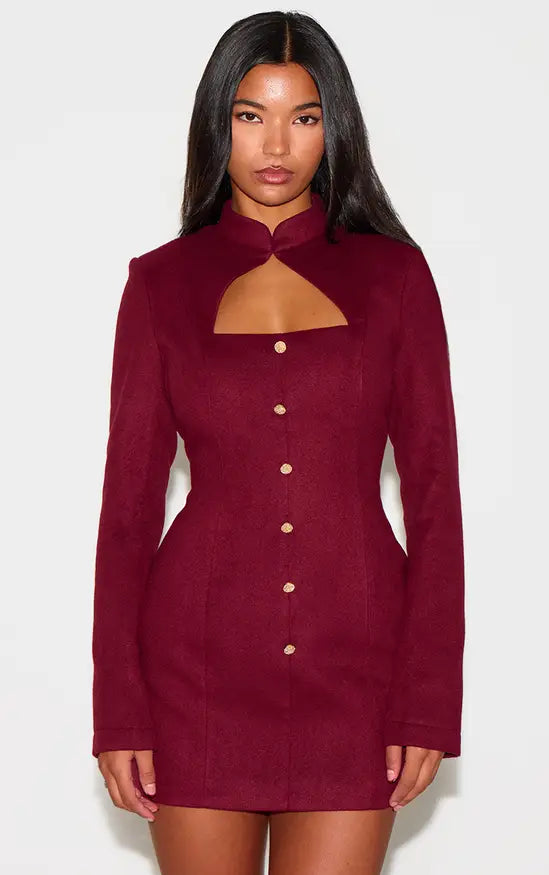 Plt - Burgundy Brushed Woven Long Sleeve Button Detail Mini Dress