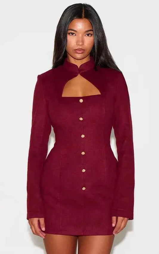 Plt - Burgundy Brushed Woven Long Sleeve Button Detail Mini Dress