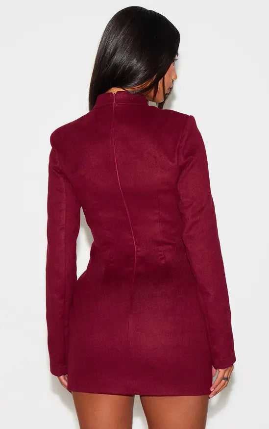 Plt - Burgundy Brushed Woven Long Sleeve Button Detail Mini Dress
