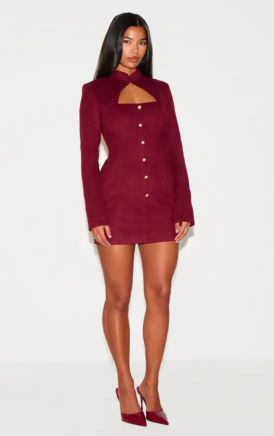 Plt - Burgundy Brushed Woven Long Sleeve Button Detail Mini Dress