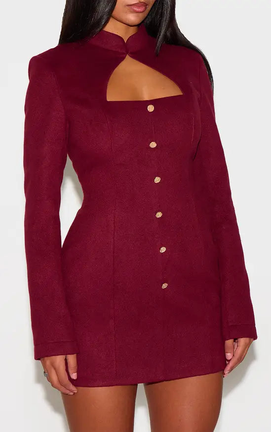 Plt - Burgundy Brushed Woven Long Sleeve Button Detail Mini Dress