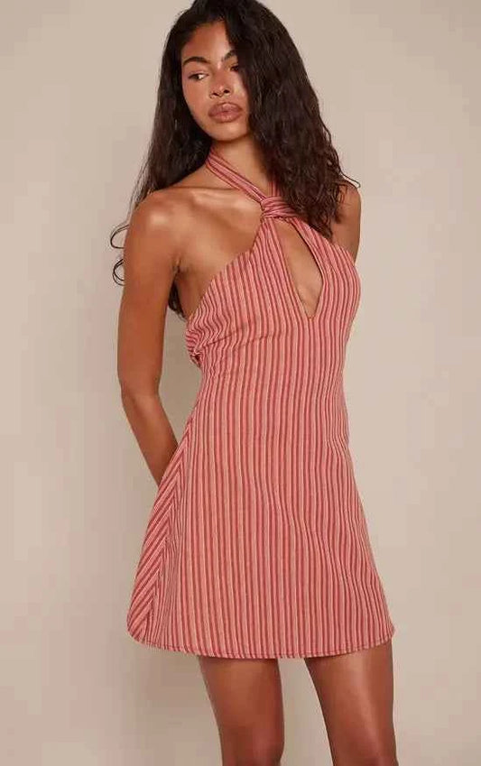 PrettyLittleThing Striped Halterneck Shift Dress