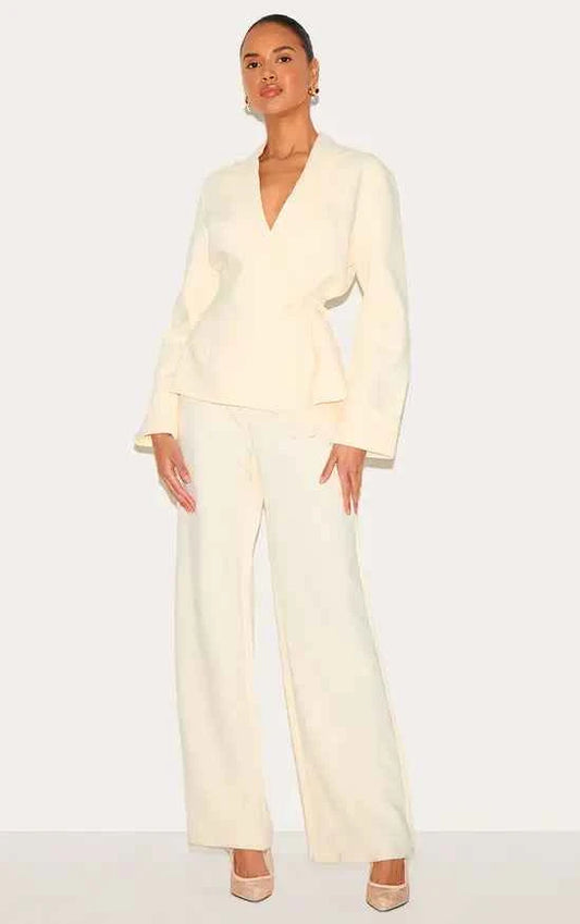 Plt - Cream Premium Woven Tie Side Blazer Jumpsuit