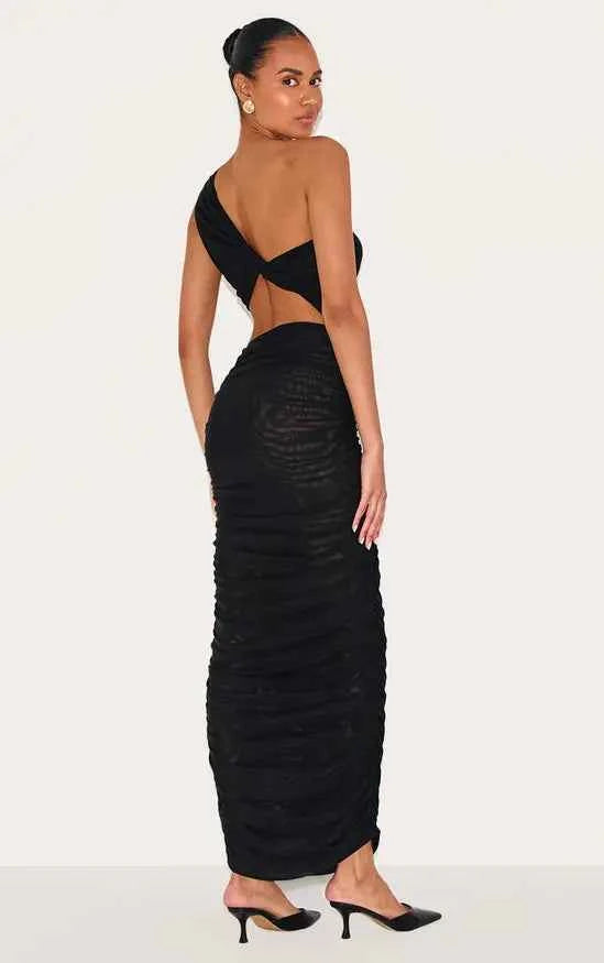 Black One Shoulder Ruched Maxi Dress