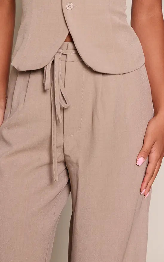 Plt - Taupe Tailored Tie Detail Woven Wide Leg Trousers Co-ord