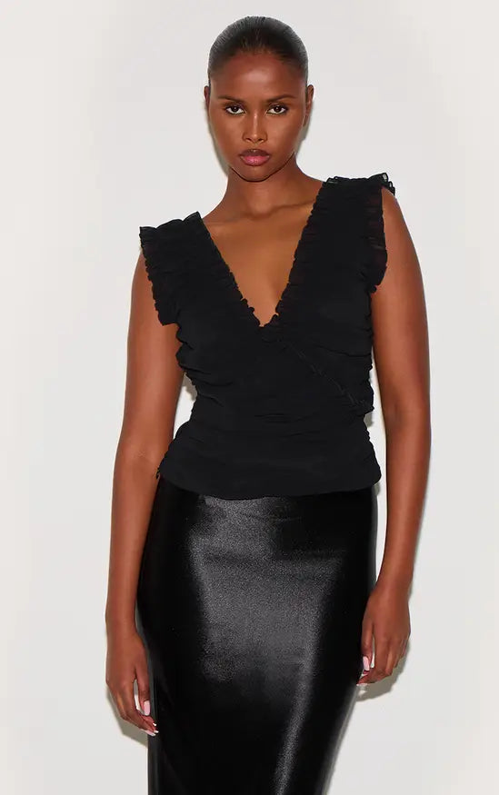 Plt - Black Chiffon Ruffle Ruched Sleeveless Top