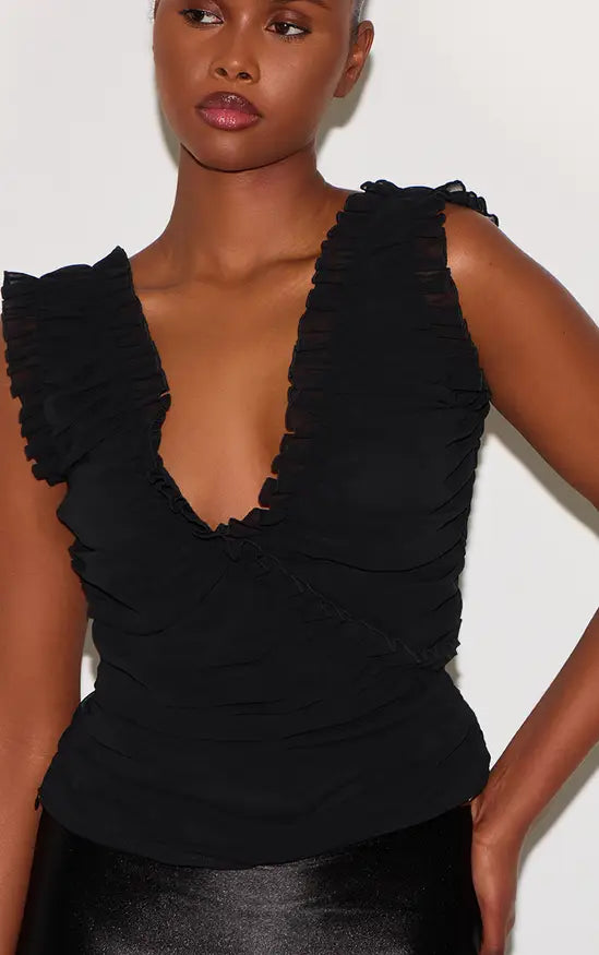 Plt - Black Chiffon Ruffle Ruched Sleeveless Top