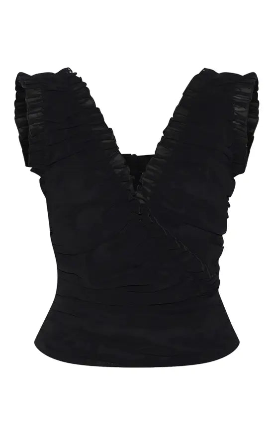Plt - Black Chiffon Ruffle Ruched Sleeveless Top