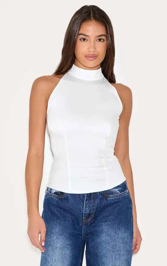 Plt - White Woven High Neck Tie Detail Top