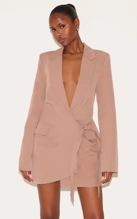 Plt - Taupe Plunge Tie Side Blazer Dress