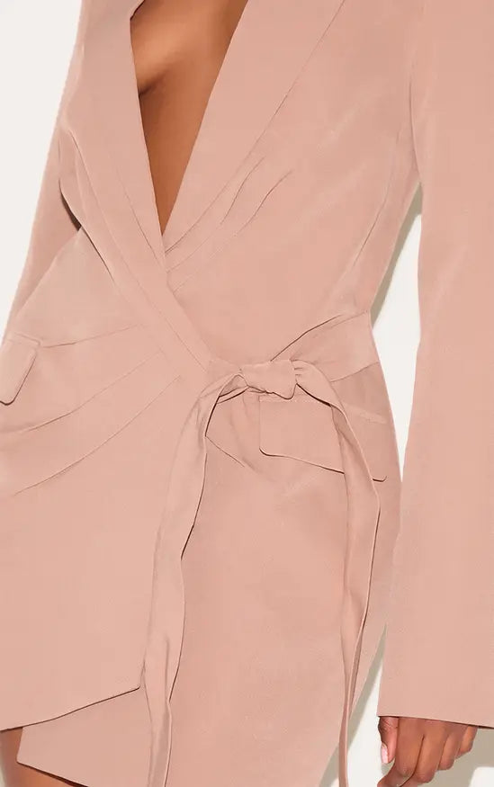 Plt - Taupe Plunge Tie Side Blazer Dress