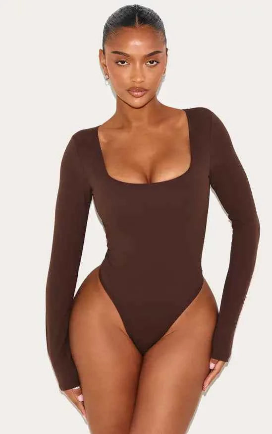 Plt - Shape Chocolate Built In Bra Sculpt Square Neck Long Sleeve Bodysuit